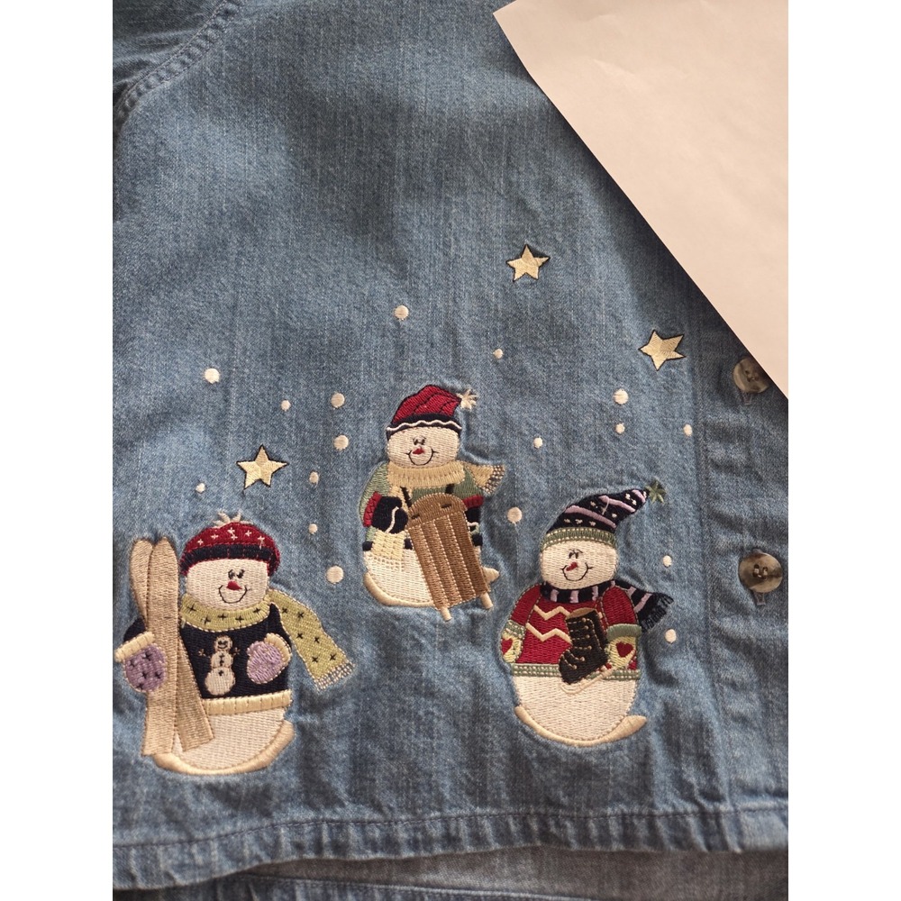 Vtg Christopher & Banks Chambray Snowman Button Up Top Women's Large Frosty Xmas - Picture 5 of 13
